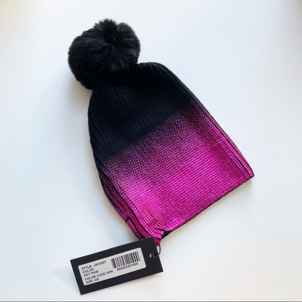 Jocelyn NWT Black Hot Pink Metallic Faux Fur Beanie Winter Hat - Picture 6 of 6